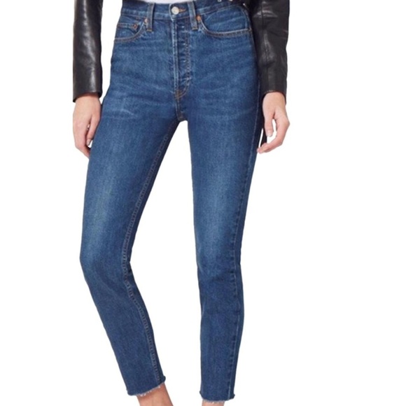 Re/Done Denim - Blue Dark Rinse High Raw Hem Ankle Crop Jeans